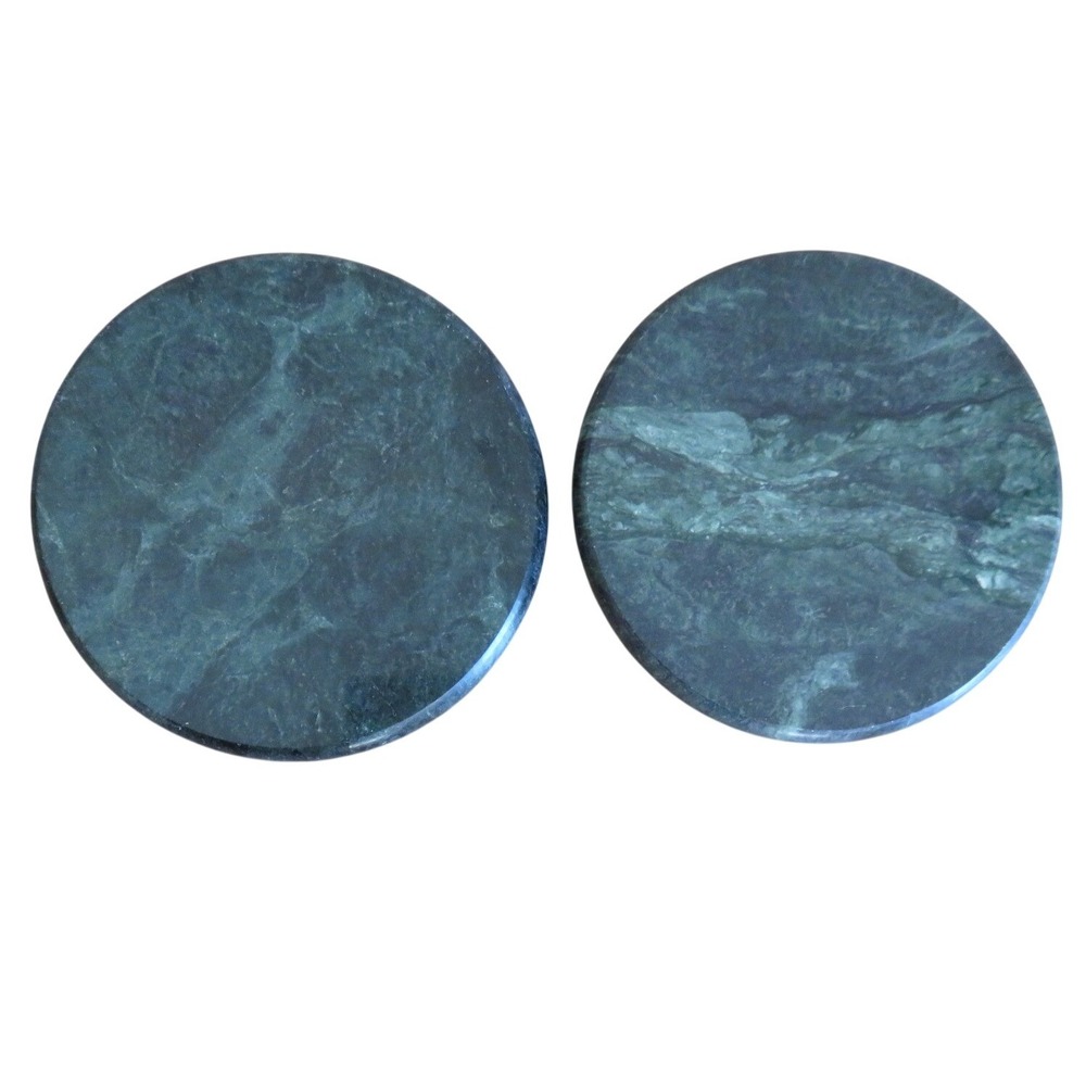 Vintage Dark Green Marble Coasters Set of 2 Round Polished Stone Cork Back 4in